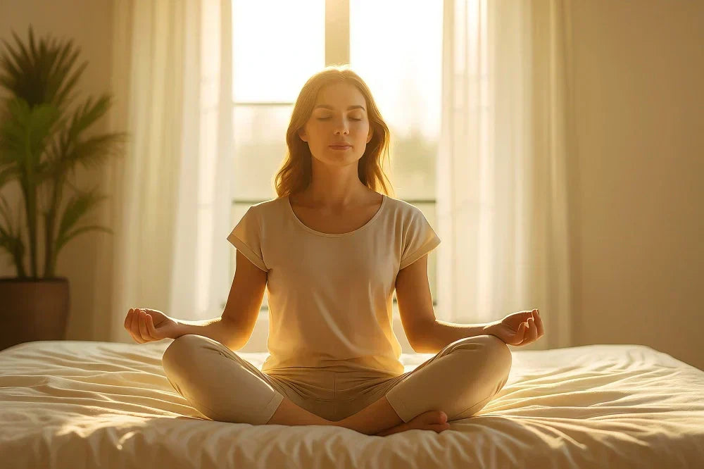 Smiling woman sitting cross-legged on a bed in a relaxed pose
