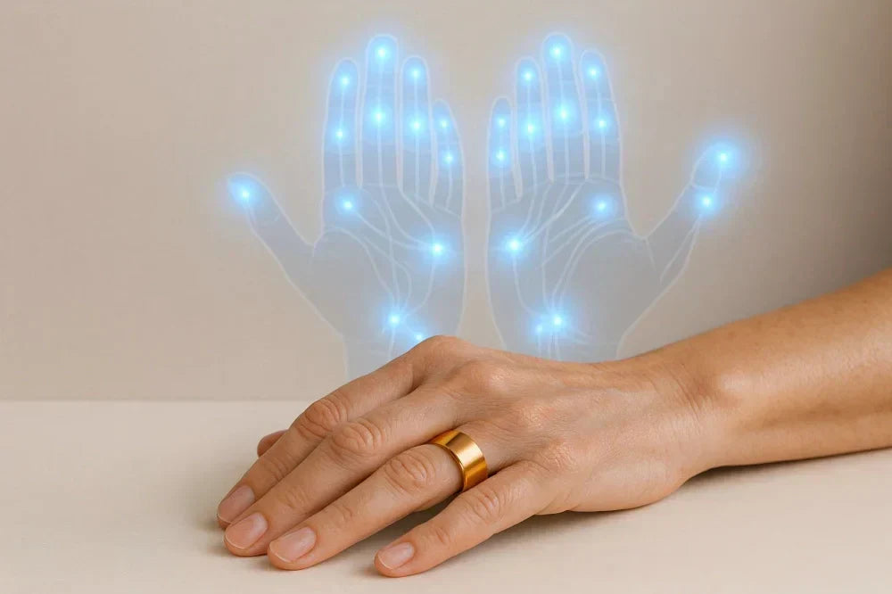 Close-up of a hand wearing an Omlezo Copper Magnetic Ring