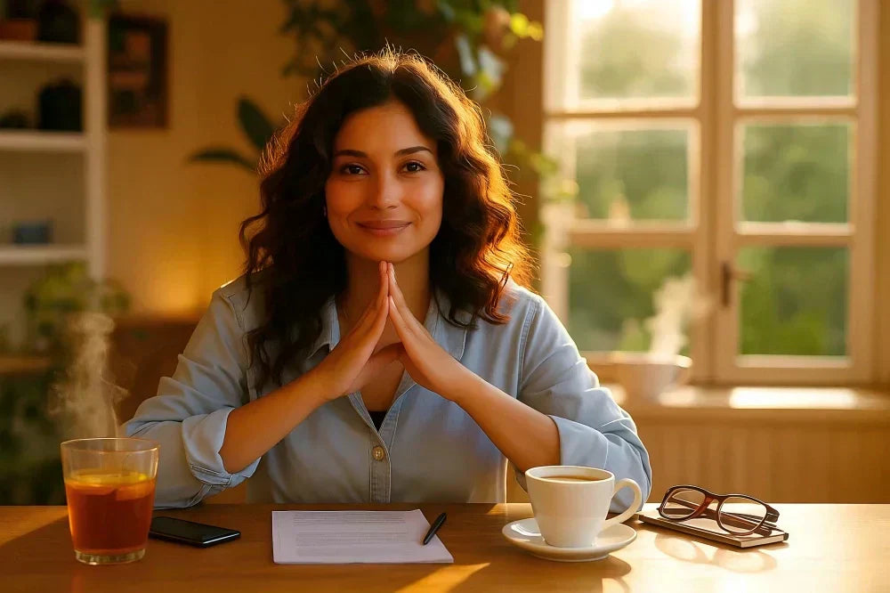 Smiling woman in a blue outfit sitting at an office desk