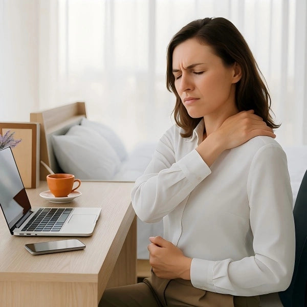 Woman massaging shoulder at desk, showing neck pain
