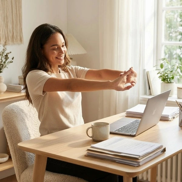 Smiling woman in a white shirt stretching at her desk with a laptop, notebook, and coffee mug