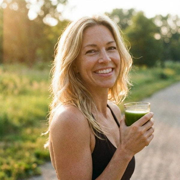 Smiling woman outdoors holding a glass of green juice in her right hand