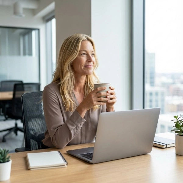 Smiling woman holding a coffee mug while sitting at a modern office desk with a laptop, enjoying a peaceful work moment.