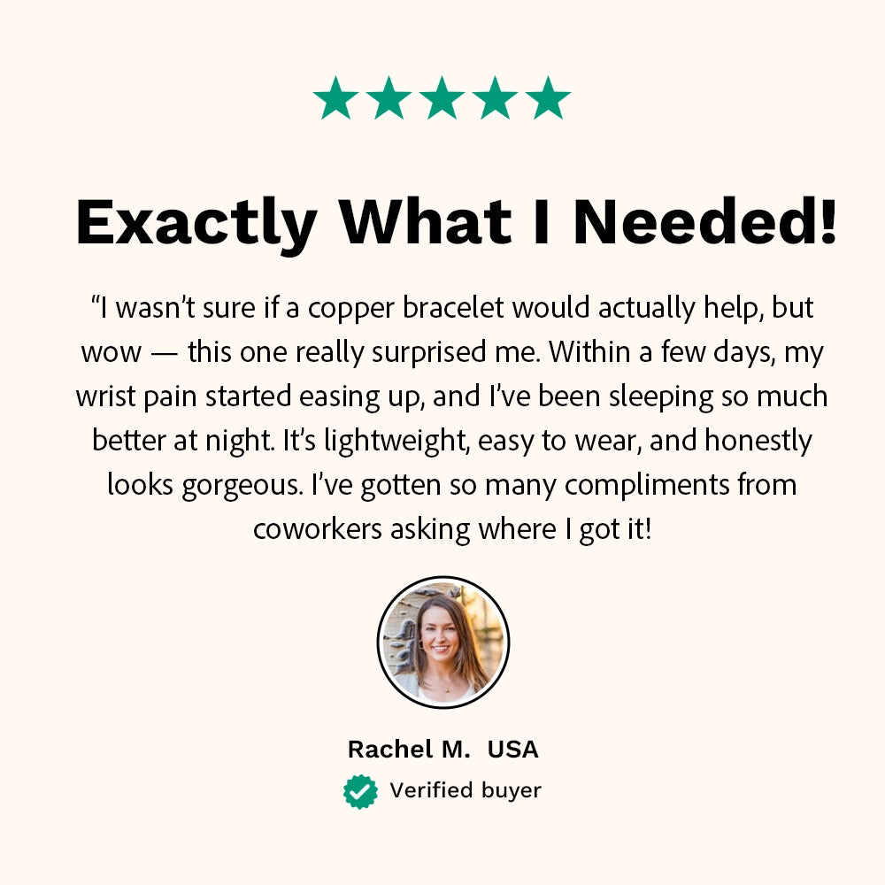 Customer review highlighting a positive experience with the Omlezo Magnetic Copper Bracelet