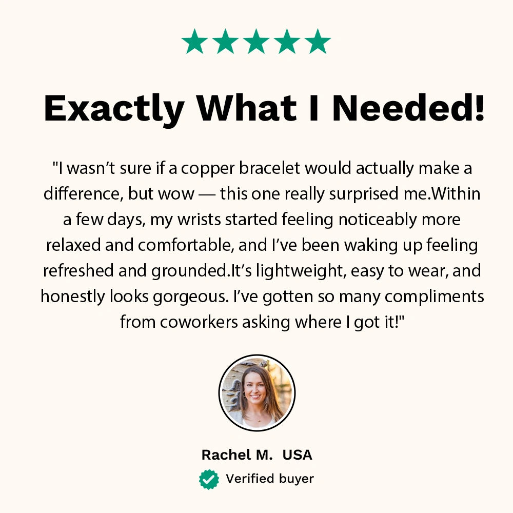 Customer review from Rachel M., USA, sharing her positive experience with the Omlezo Magnetic Copper Bracelet