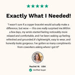 Customer review from Rachel M., USA, sharing her positive experience with the Omlezo Magnetic Copper Bracelet