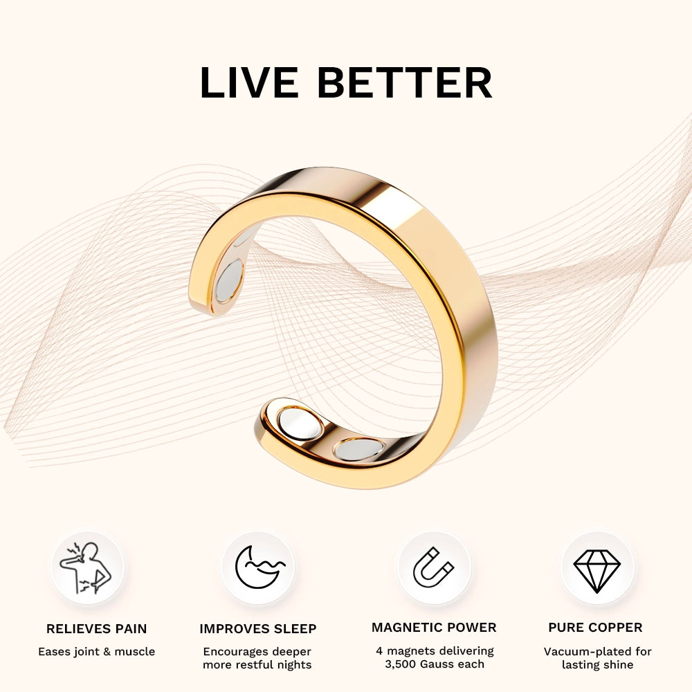 Gold Omlezo Magnetic Copper Ring highlighting pain relief and sleep-enhancing magnetic therapy