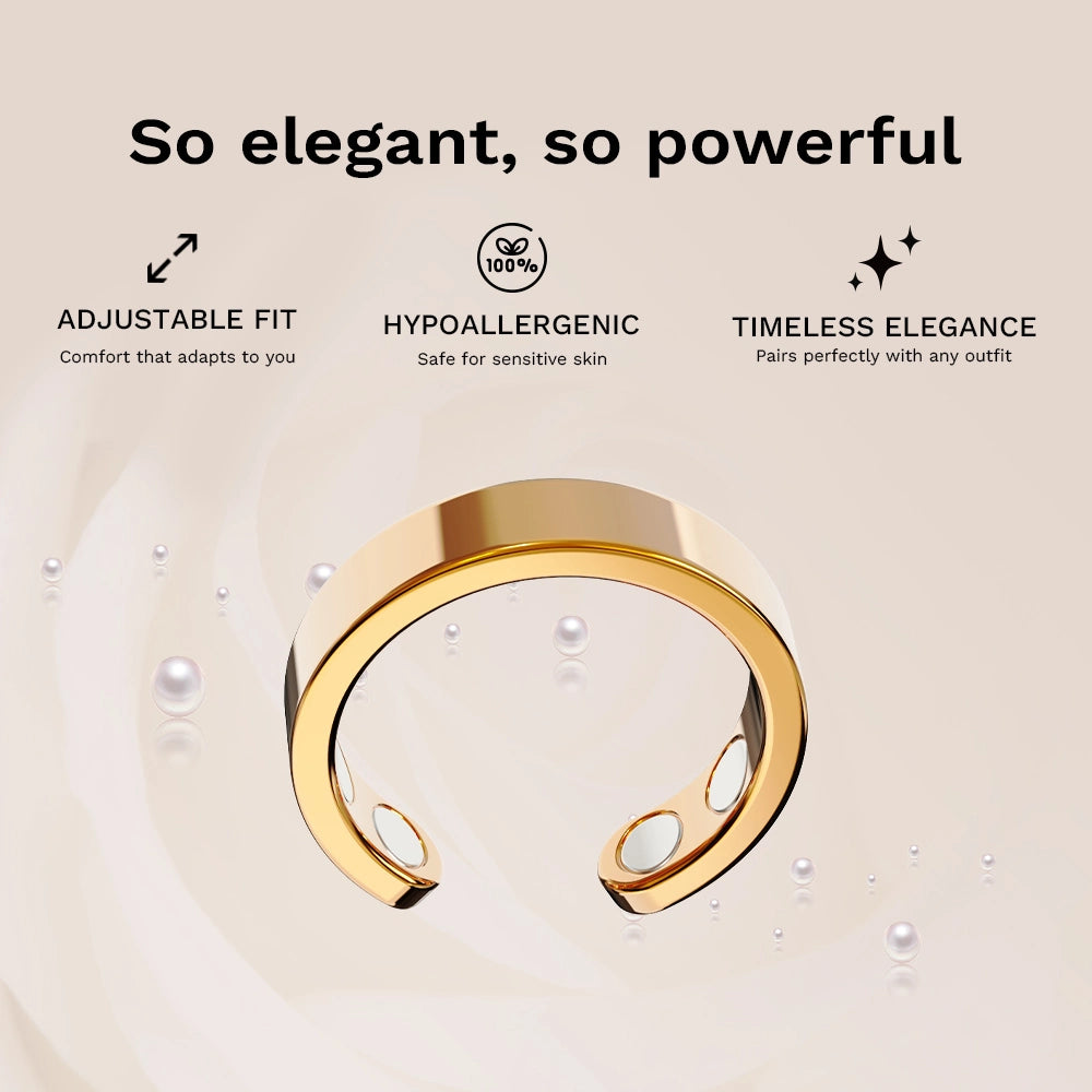 Gold Omlezo Magnetic Copper Ring with benefits like adjustable fit, hypoallergenic design, and timeless elegance