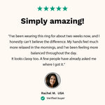 Customer review from Rachel M., USA, praising the Omlezo Magnetic Copper Ring for improved relaxation, balance, and stylish look