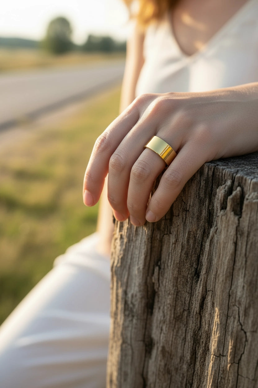 Elegant woman hand wearing a gold Omlezo ring on homepage banner