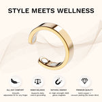 Gold Omlezo Magnetic Copper Ring with icons for all-day comfort, inner balance, natural energy, and premium copper quality