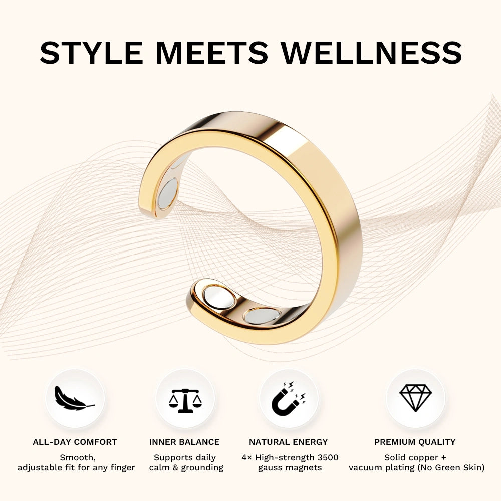 Gold Omlezo Magnetic Copper Ring with icons for all-day comfort, inner balance, natural energy, and premium copper quality