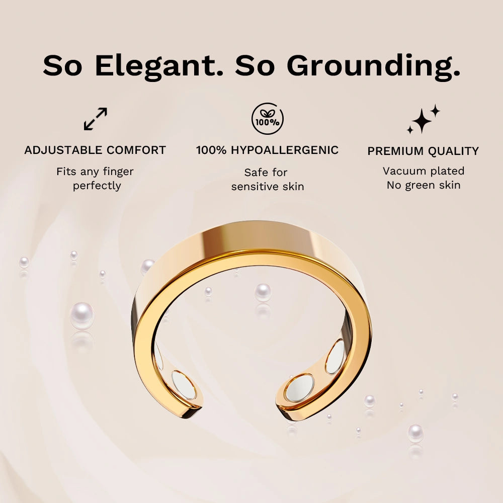 Gold Omlezo Magnetic Copper Ring with icons for adjustable comfort, hypoallergenic design, and premium vacuum-plated quality