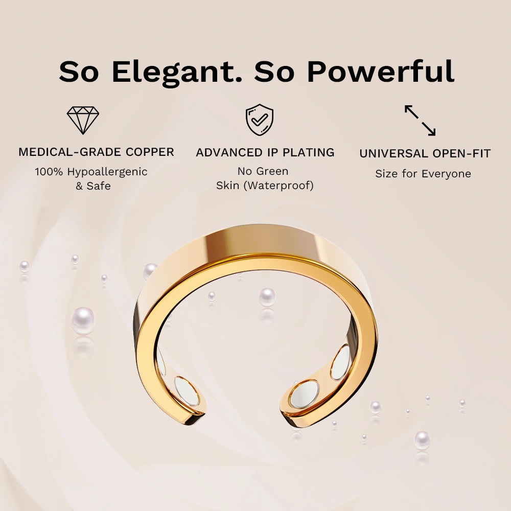 Omlezo Gold Magnetic copper ring showcasing medical-grade copper, waterproof IP plating, and open-fit design for all sizes.