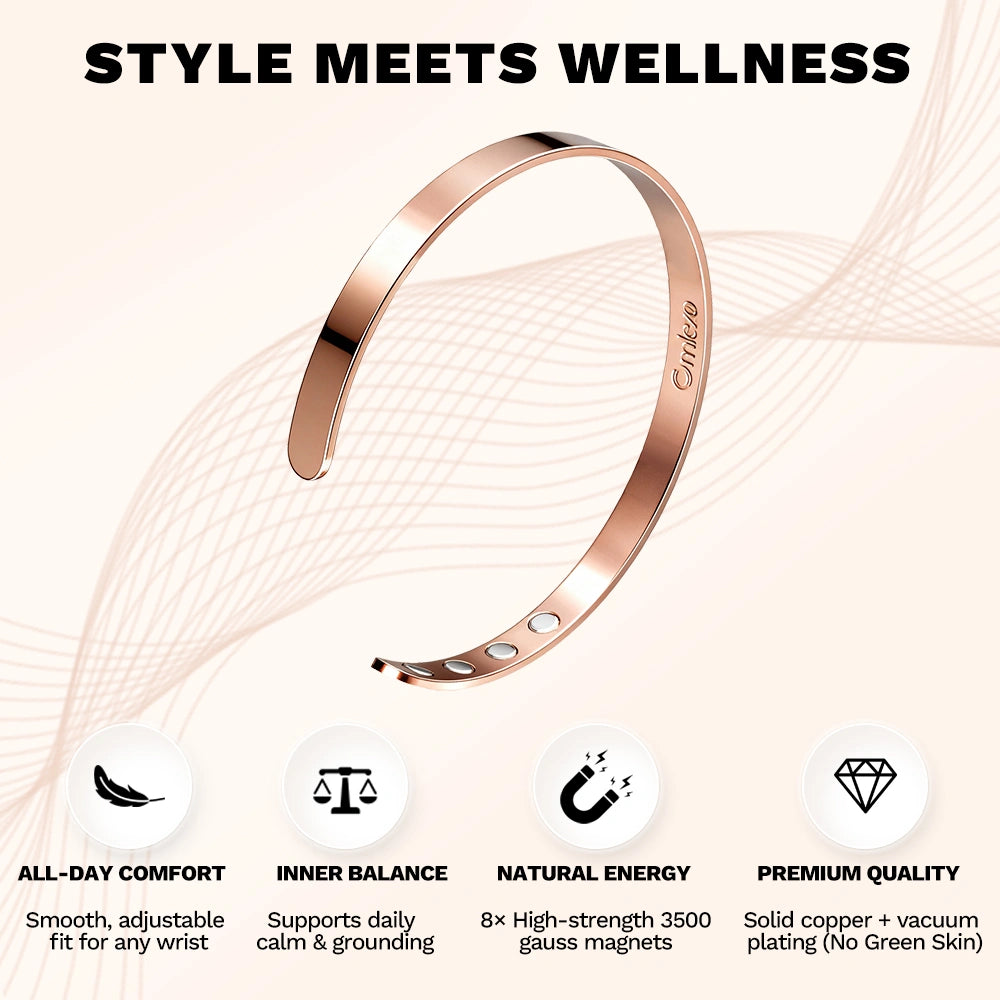 Rose gold Omlezo Magnetic Copper Bracelet with icons for all-day comfort, inner balance, natural energy, and premium copper quality