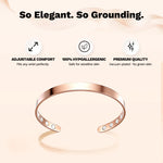 Rose gold Omlezo Magnetic Copper Bracelet with icons for adjustable comfort, hypoallergenic design, and premium vacuum-plated quality