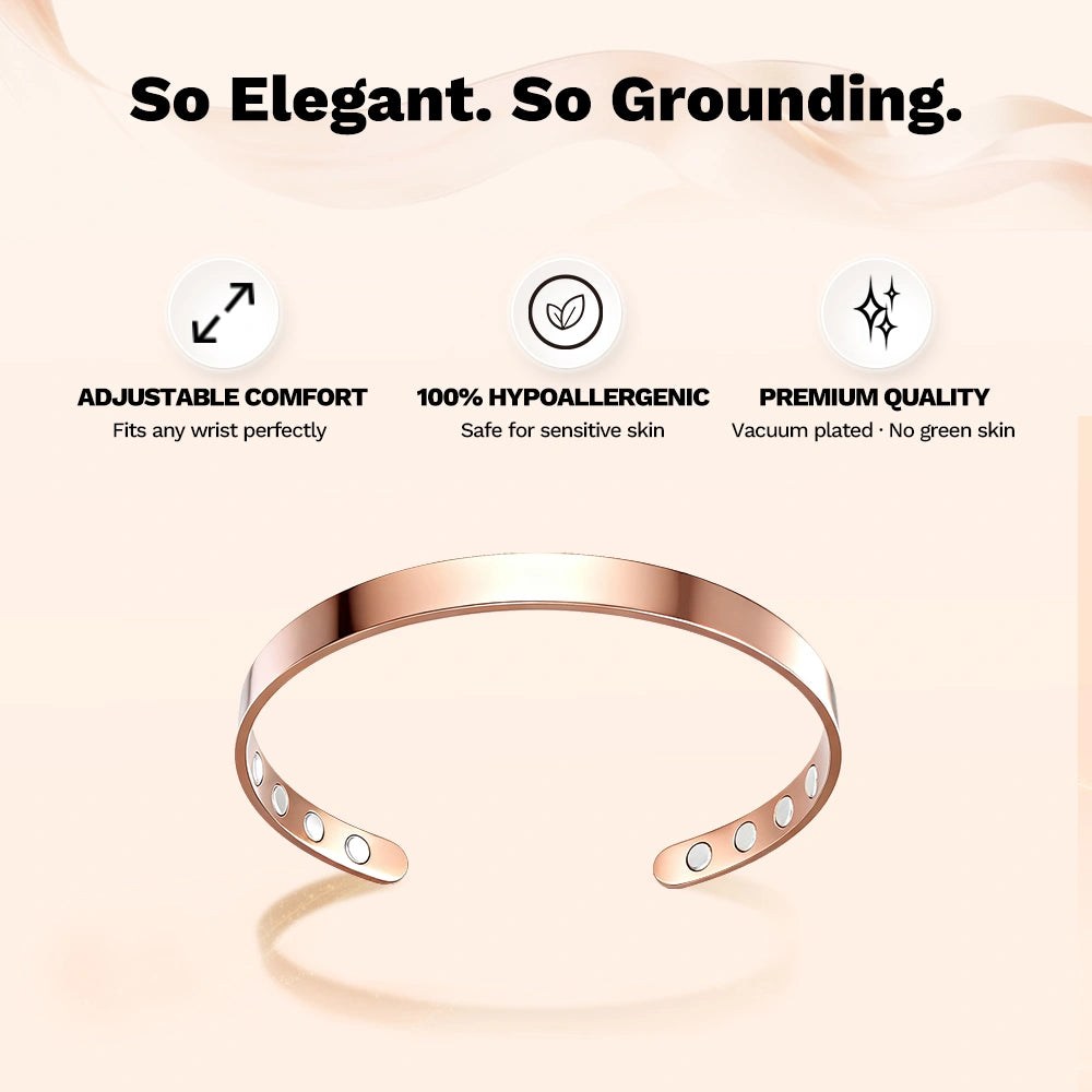 Rose gold Omlezo Magnetic Copper Bracelet with icons for adjustable comfort, hypoallergenic design, and premium vacuum-plated quality