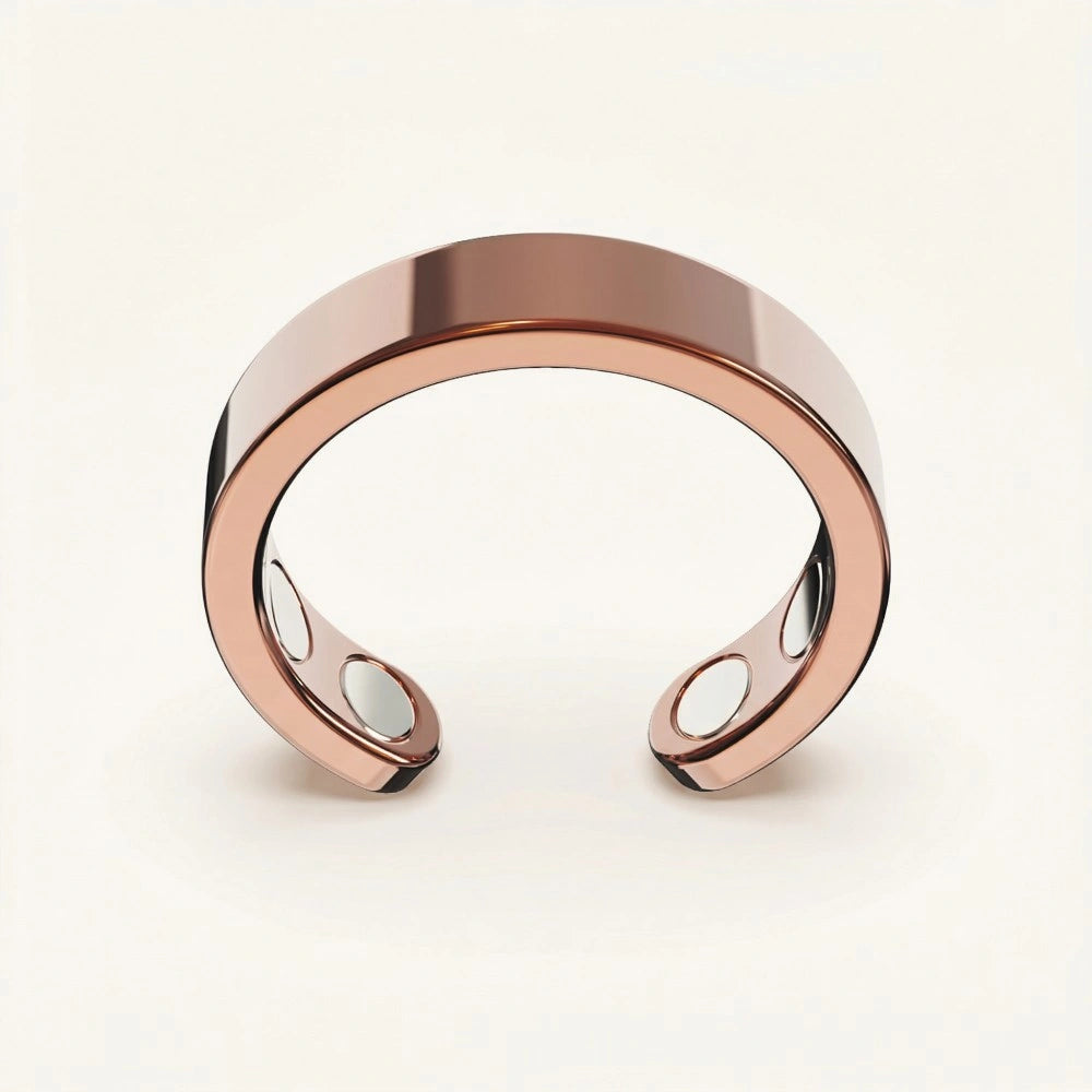 Close-up of the rose gold Omlezo Copper Magnetic Ring in a product display