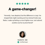 Customer testimonial from Rachel M., USA, describing how the product helped her stop late-night snacking and flatten her stomach.