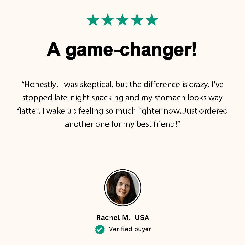 Customer testimonial from Rachel M., USA, describing how the product helped her stop late-night snacking and flatten her stomach.