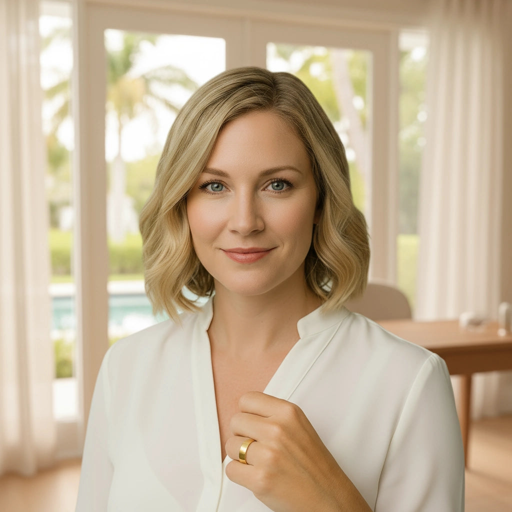 Smiling woman in a white outfit wearing a gold Omlezo Copper Magnetic Ring on her hand