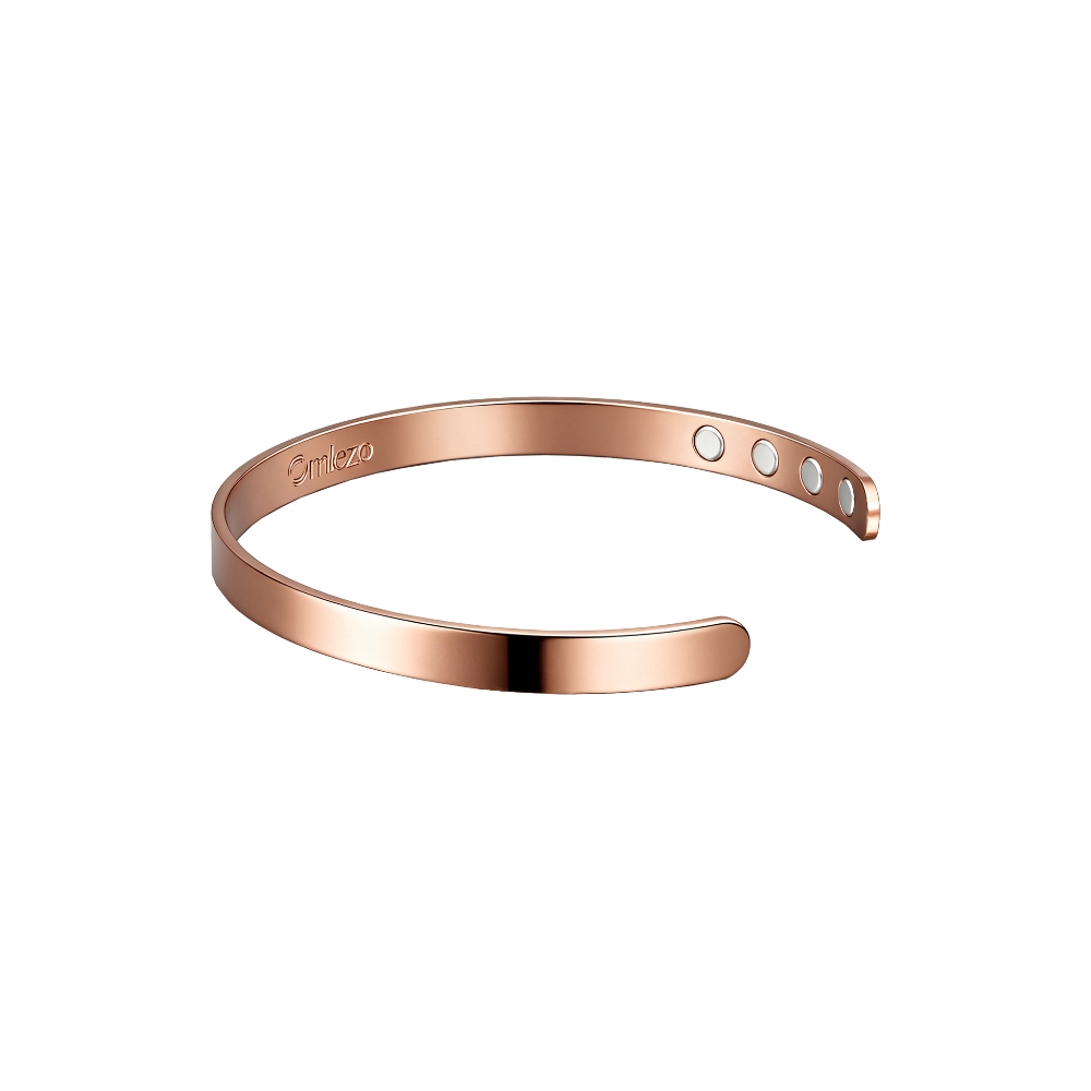 Close-up of the Omlezo Magnetic Copper Bracelet in rose gold finish