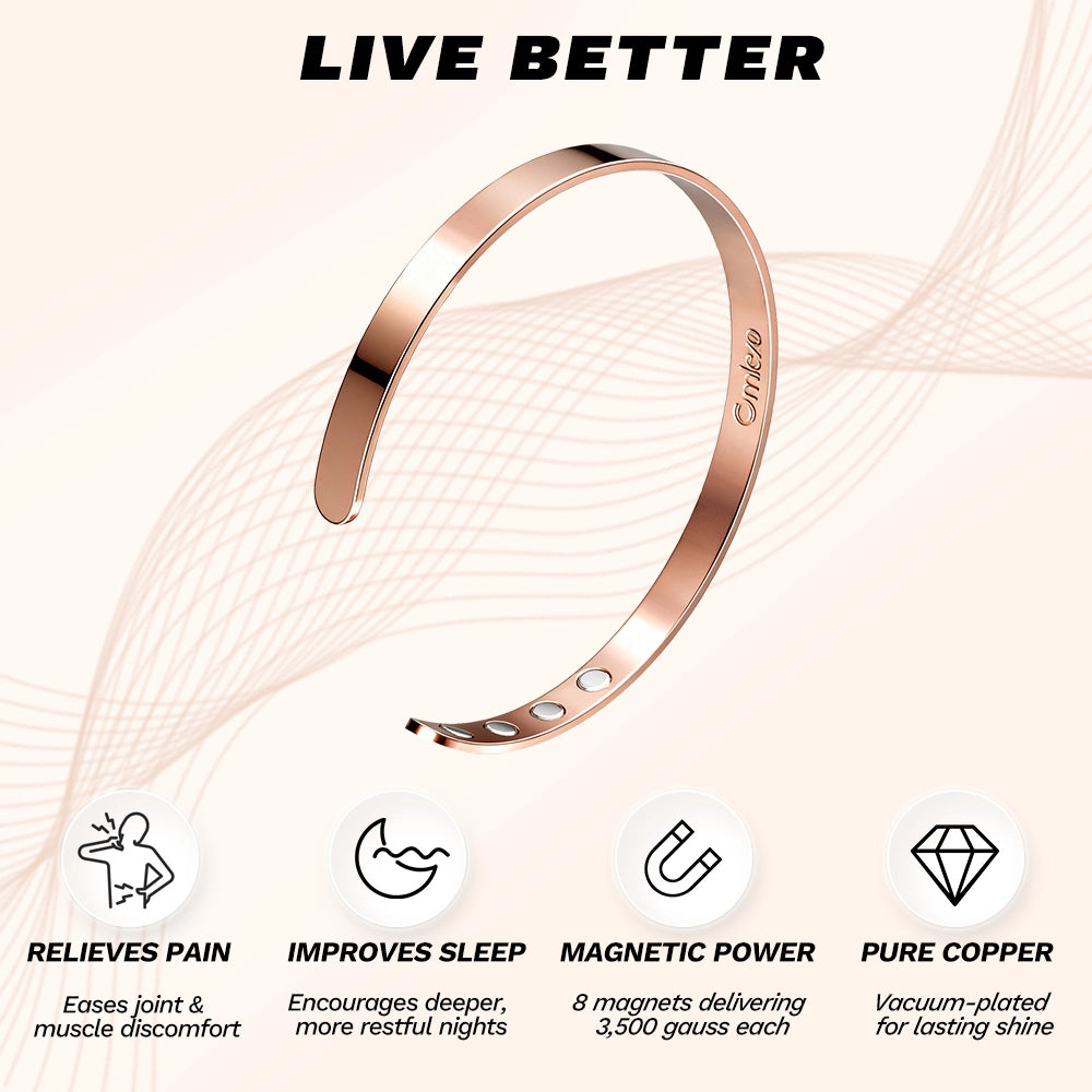 Rose gold Omlezo Magnetic Copper Bracelet highlighting pain relief and sleep-enhancing magnetic therapy