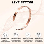 Rose gold Omlezo Magnetic Copper Bracelet highlighting pain relief and sleep-enhancing magnetic therapy