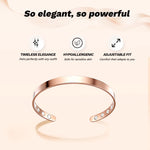 Rose gold Omlezo Magnetic Copper Bracelet with icons for adjustable fit, hypoallergenic, and timeless elegance