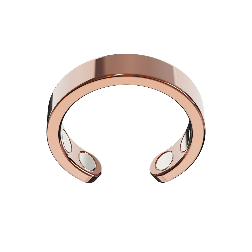 Close-up of the rose gold Omlezo Copper Magnetic Ring in a product display