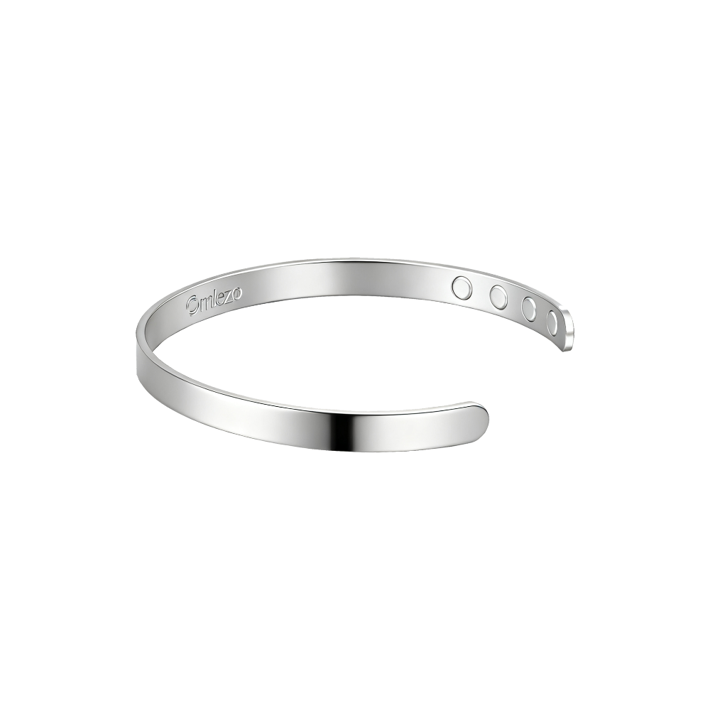 Close-up of the Omlezo Magnetic Copper Bracelet in silver finish